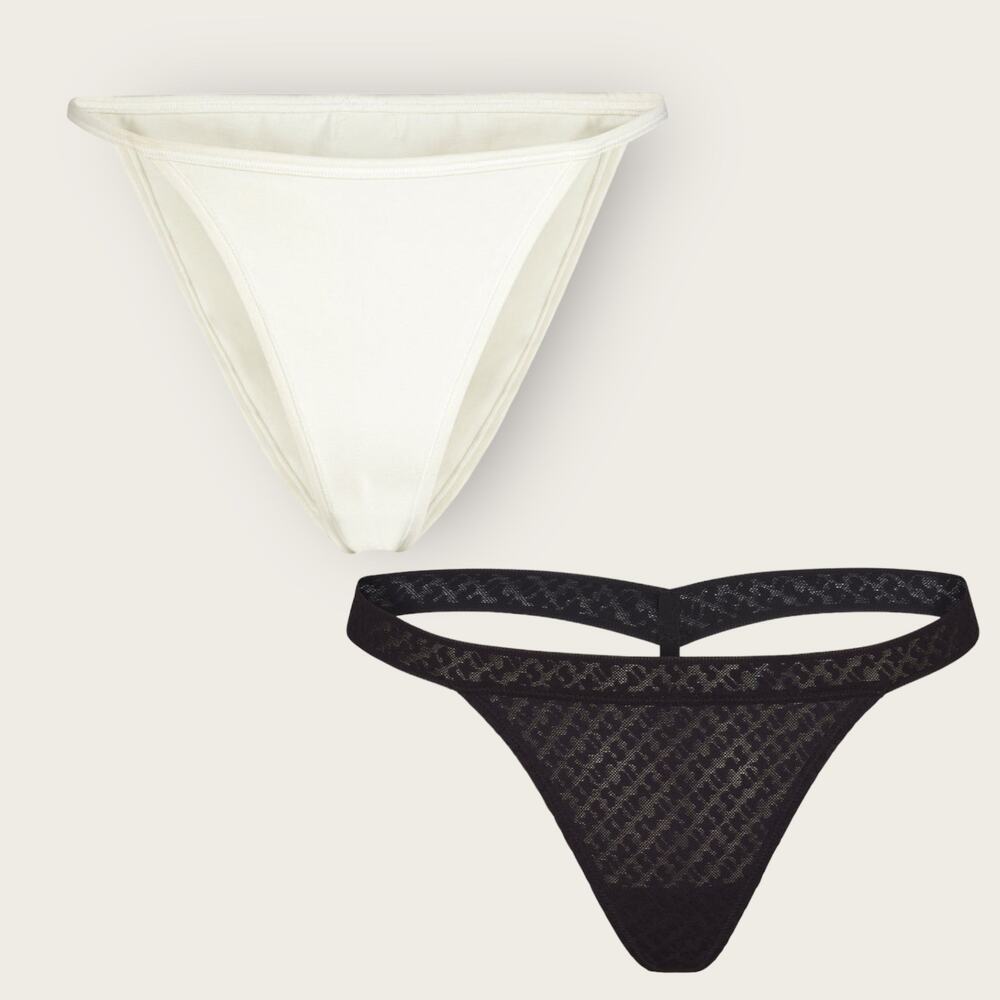 SKIMS Bundle 2 Pack Underwear Logo Thong String Bikini | Medium Black White Set